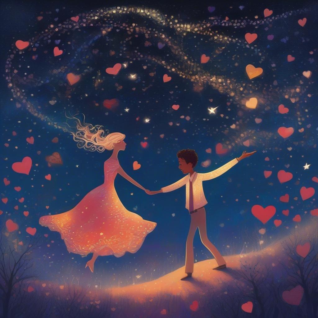 A couple embracing love with the universe, dancing beneath a star-filled sky filled with hearts.