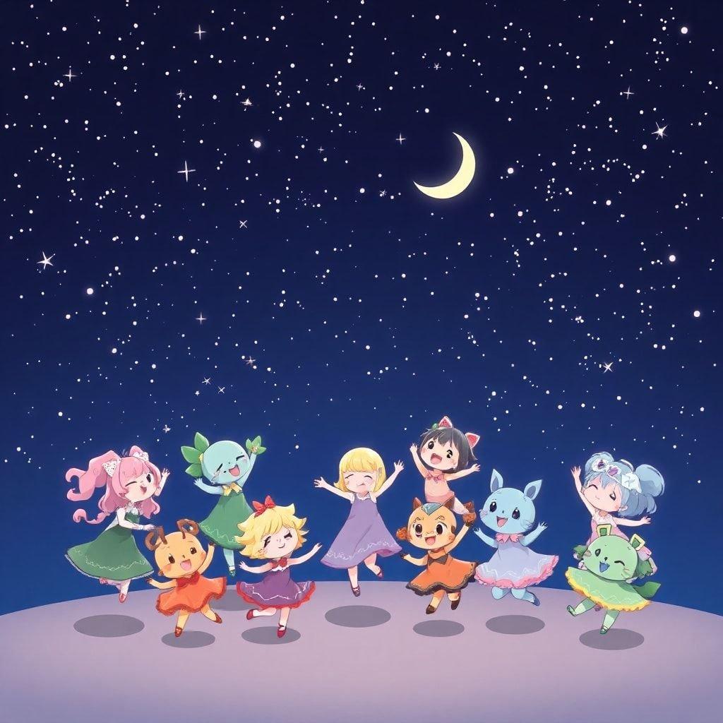 A vibrant digital illustration of a group of chibi creatures dancing under a starry night sky, their colorful outfits and joyful expressions adding to the lively atmosphere.