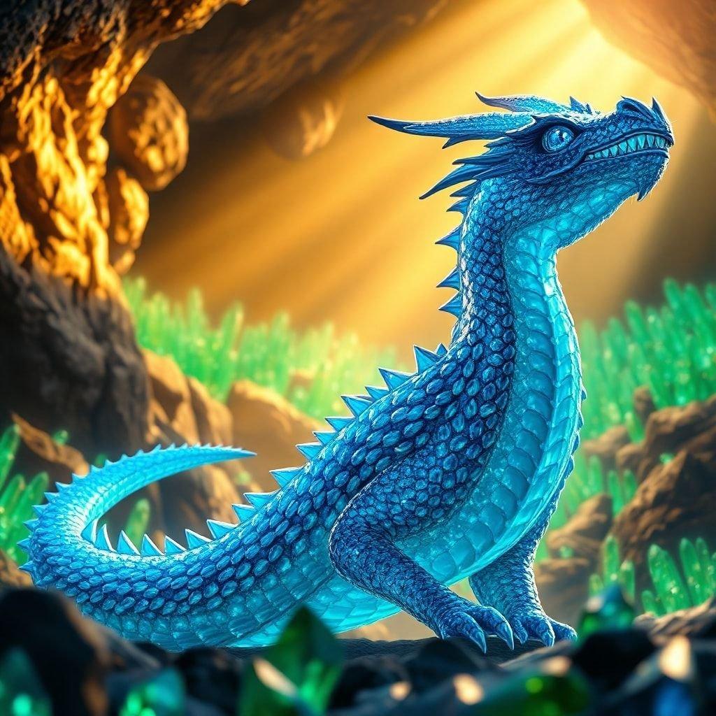 A fantasy dragon made up of small crystals that are glowing with a blue light, set against a backdrop of a cave filled with green crystals.