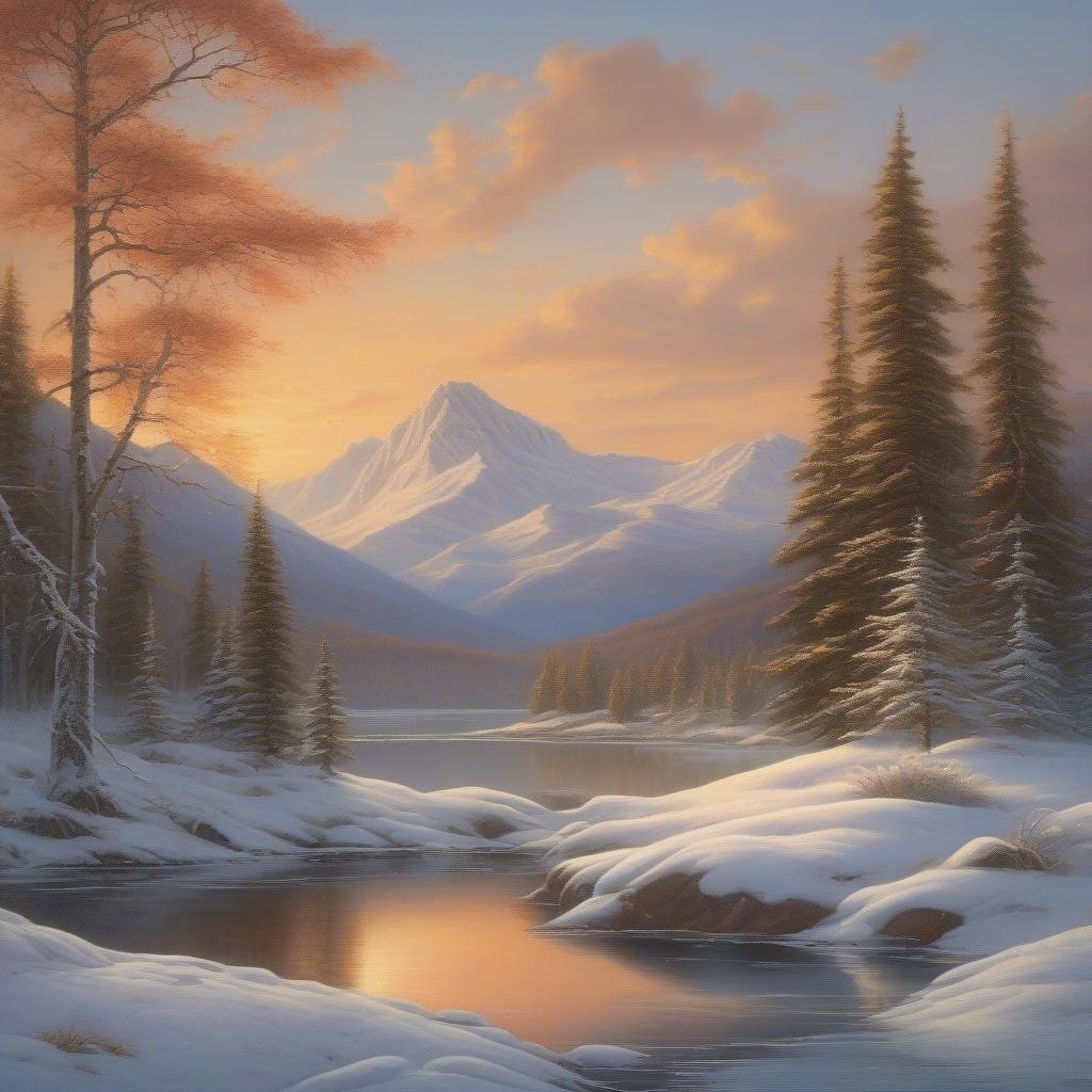 Enjoy the serene beauty of a snow-covered landscape, with majestic mountains in the distance and a tranquil lake reflecting the first light of day.