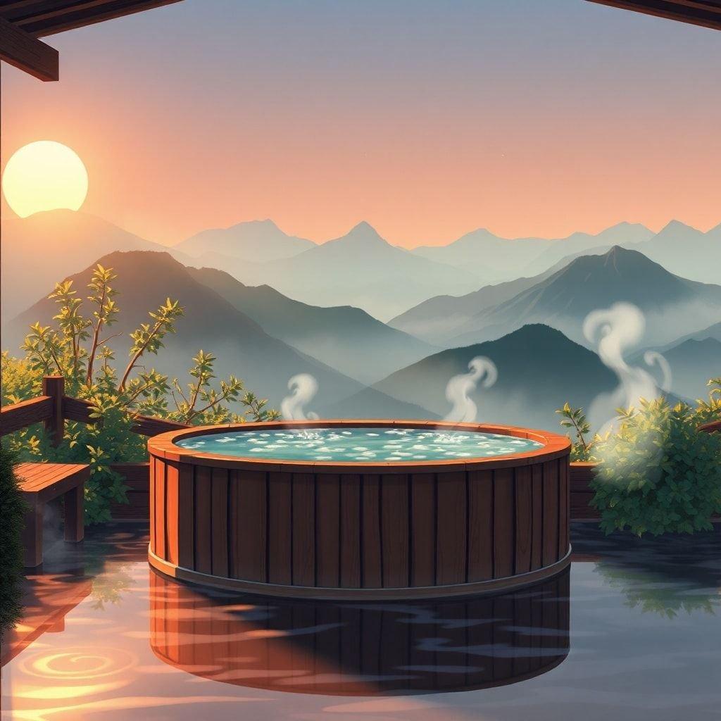 Tauchen Sie ein in die Ruhe dieses Anime-Stil Onsen-Bades, wo die Wärme der untergehenden Sonne auf die Gelassenheit der nebligen Berge und heißen Quellen trifft.