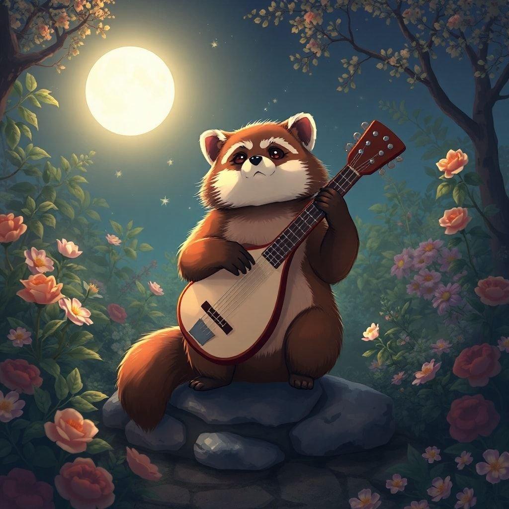 This enchanting wallpaper features a tanuki sitting in a moonlit garden, surrounded by lush greenery and vibrant flowers. The tanuki's rich brown and white fur stands out against the soft glow of the moonlit garden, creating a captivating scene.