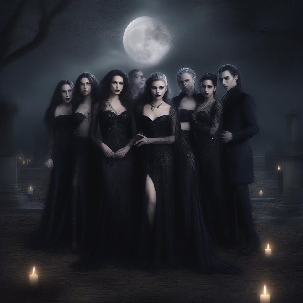 A hauntingly beautiful scene of vampires standing in front of the moon, perfect for a Halloween wallpaper.