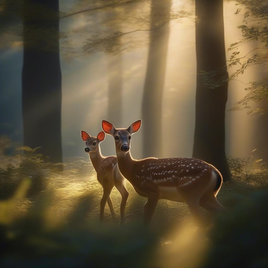 Two adorable fawn deer standing in a magical forest, their eyes twinkling like stars in the night. A perfect desktop or mobile wallpaper for Disney fans and nature lovers alike.