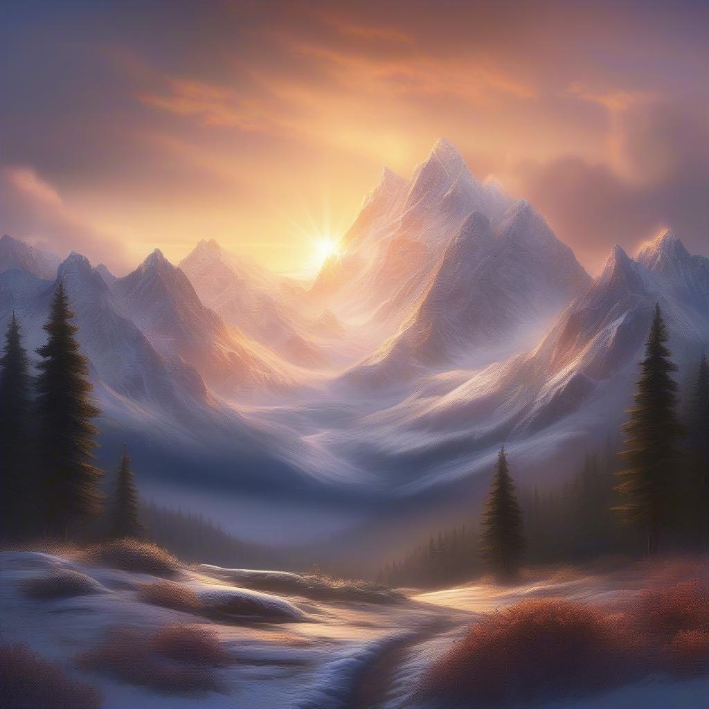 This breathtaking image captures the serene beauty of a mountain sunrise, evoking feelings of peace and tranquility. The soft, golden light illuminates the snow-capped peaks, creating a sense of awe and wonder. This image is perfect for anyone seeking inspiration and motivation to start their day on a positive note.