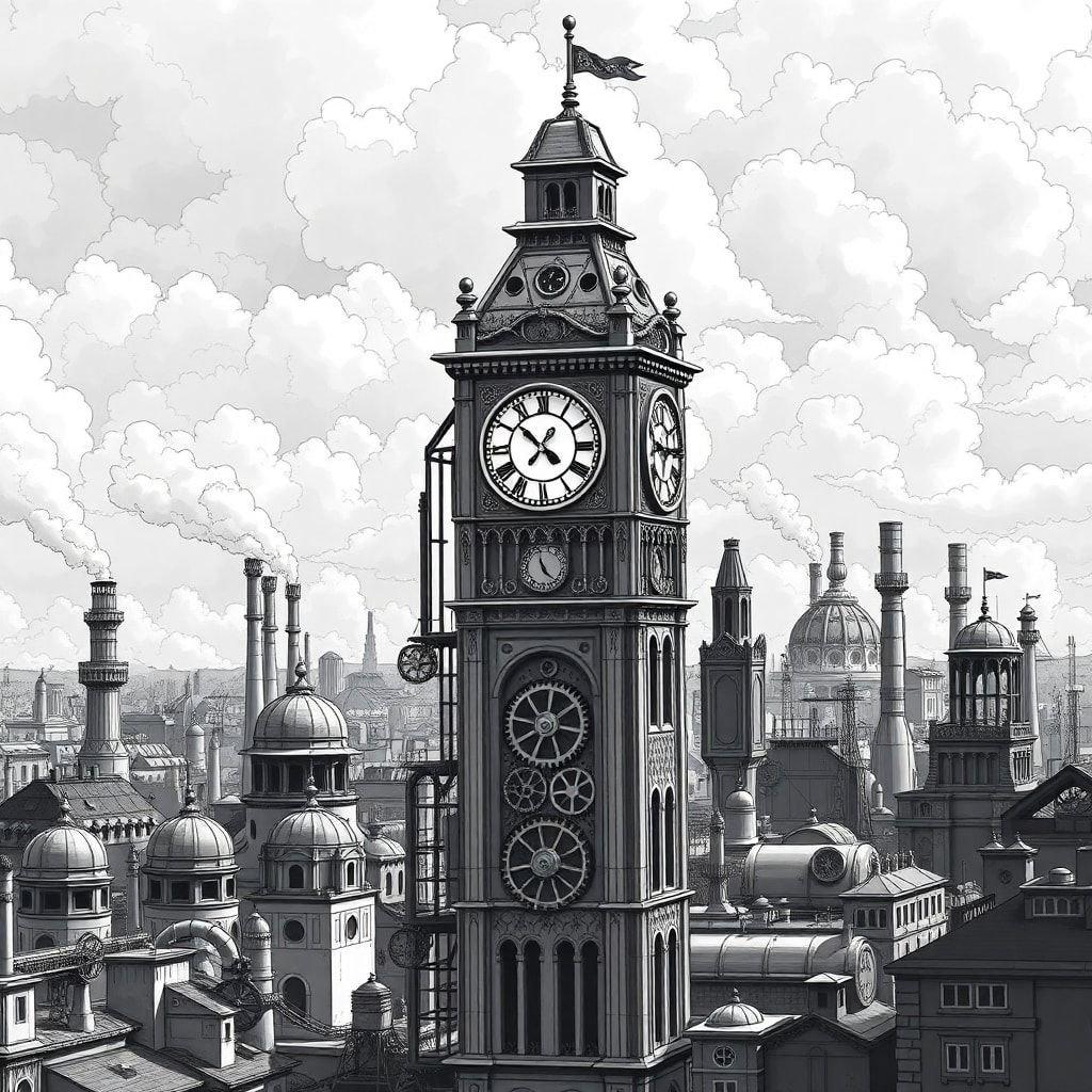 Uma cena clássica de Londres em monocromático, apresentando a icônica torre do relógio Big Ben com vista para um movimentado horizonte da cidade.