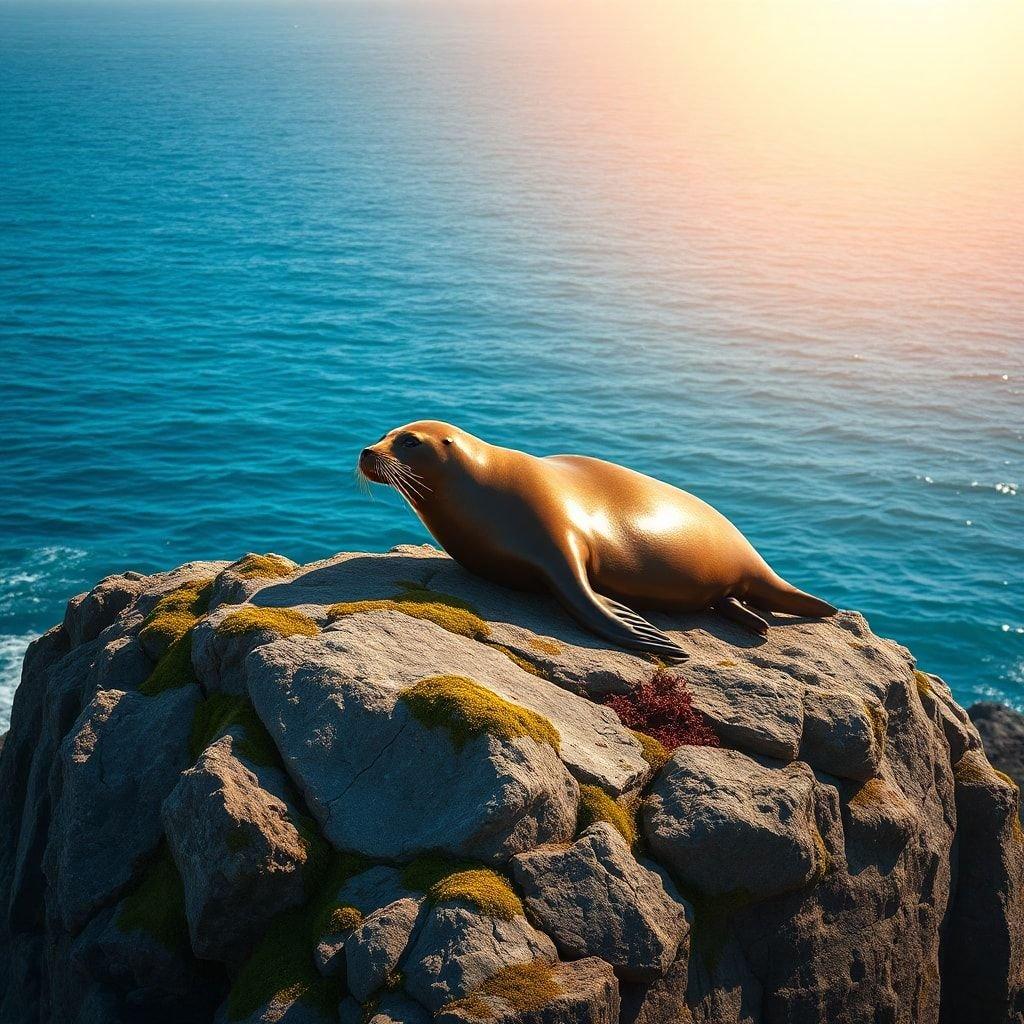 Relaxed seal basking in the warmth of the sun overlooking serene waters, a tranquil ocean view.