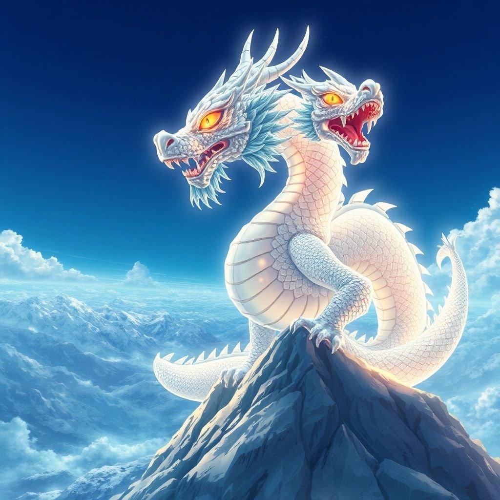 Ce fond d'écran présente un magnifique dragon de style anime fait de cristal pur, perché au sommet d'un majestueux pic montagneux. Le corps du dragon est un mélange fascinant d'écailles blanches et grises, orné de motifs complexes et d'une grande tête puissante. Ses yeux brillent d'une lumière jaune vive, tandis que sa bouche est ouverte, révélant des dents acérées. Le ciel bleu profond en arrière-plan ajoute à la grandeur du dragon, créant un effet visuel de type anime qui est à la fois captivant et impressionnant.