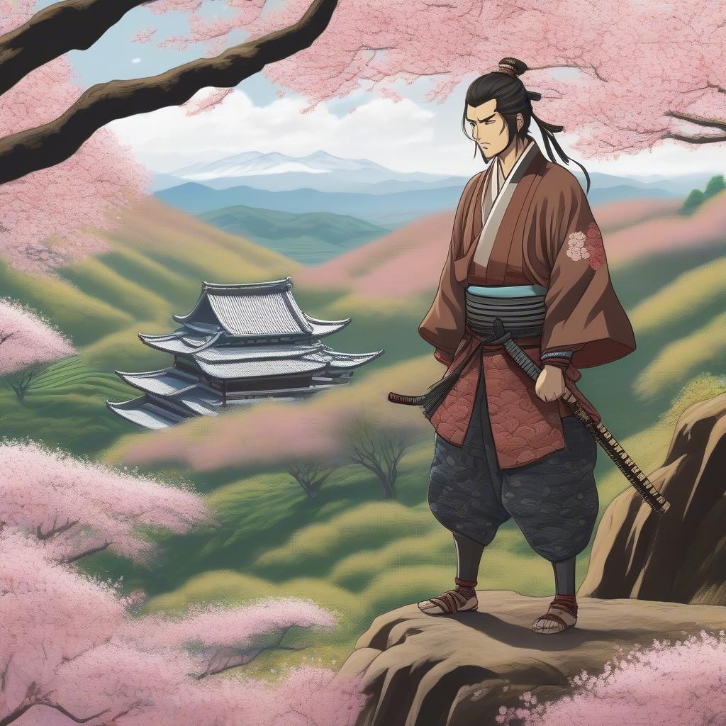 Denna animeillustration visar en samurai som står vid kanten av en dal, omgiven av en frodig skog av rosa körsbärsträd. Samurajen är placerad i mitten av bilden, vänd mot höger, med huvudet något vänd åt vänster och svansen rullad upp mot det övre högra hörnet.