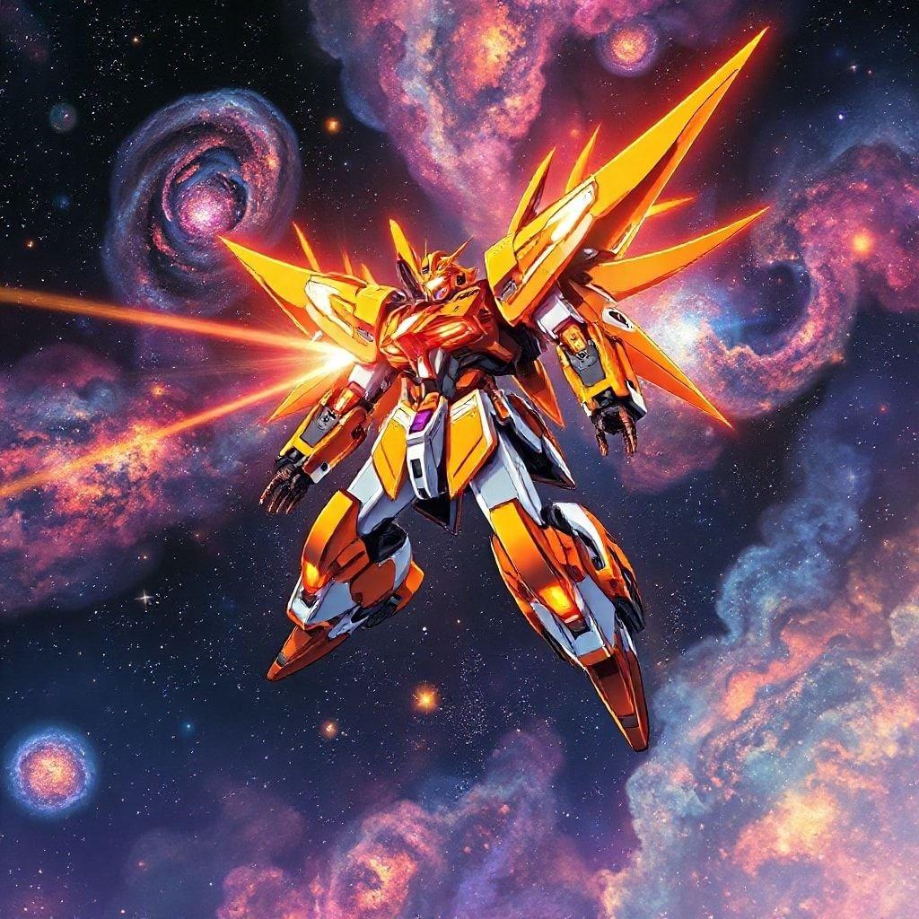 Get ready to blast off into a world of anime adventure with this stunning wallpaper featuring a futuristic mecha soaring through a galaxy of stars and nebulas. The vibrant orange and yellow hues of the mecha are perfectly complemented by the infinite possibilities of the nebula, creating a truly eye-catching and immersive experience.