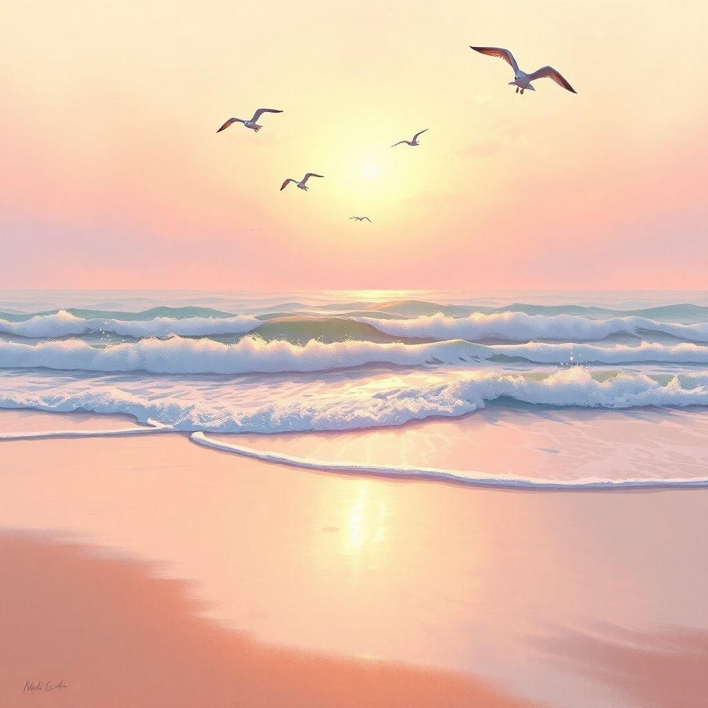 A peaceful scene of birds flying over the waves, as the sun sets. A tranquil beach view.