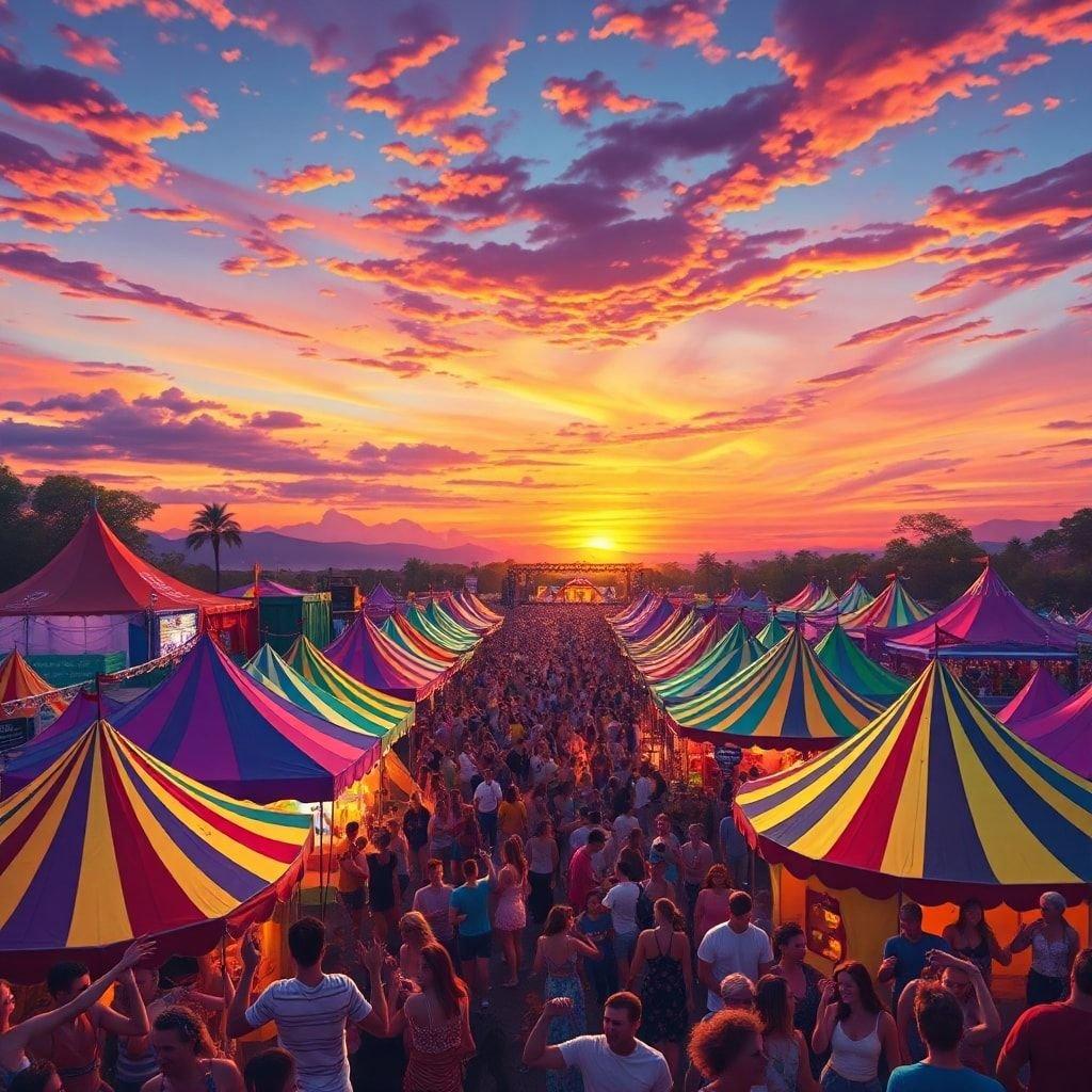 Cette scène vivante capture l'énergie et l'excitation d'un festival de musique, baigné dans la chaude lueur d'un coucher de soleil. La foule est immergée dans l'expérience, avec des tentes et des stands s'étendant au loin sous le ciel coloré.