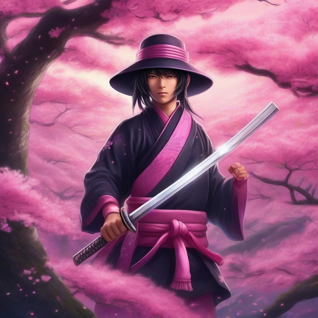 Dans ce fond d'écran captivant, un jeune ninja se tient prêt dans une forêt de cerisiers en fleurs. Vêtu d'un chapeau et d'une cape roses, le ninja manie un katana lumineux, créant une image de style anime qui allie magnifiquement nature et technologie.