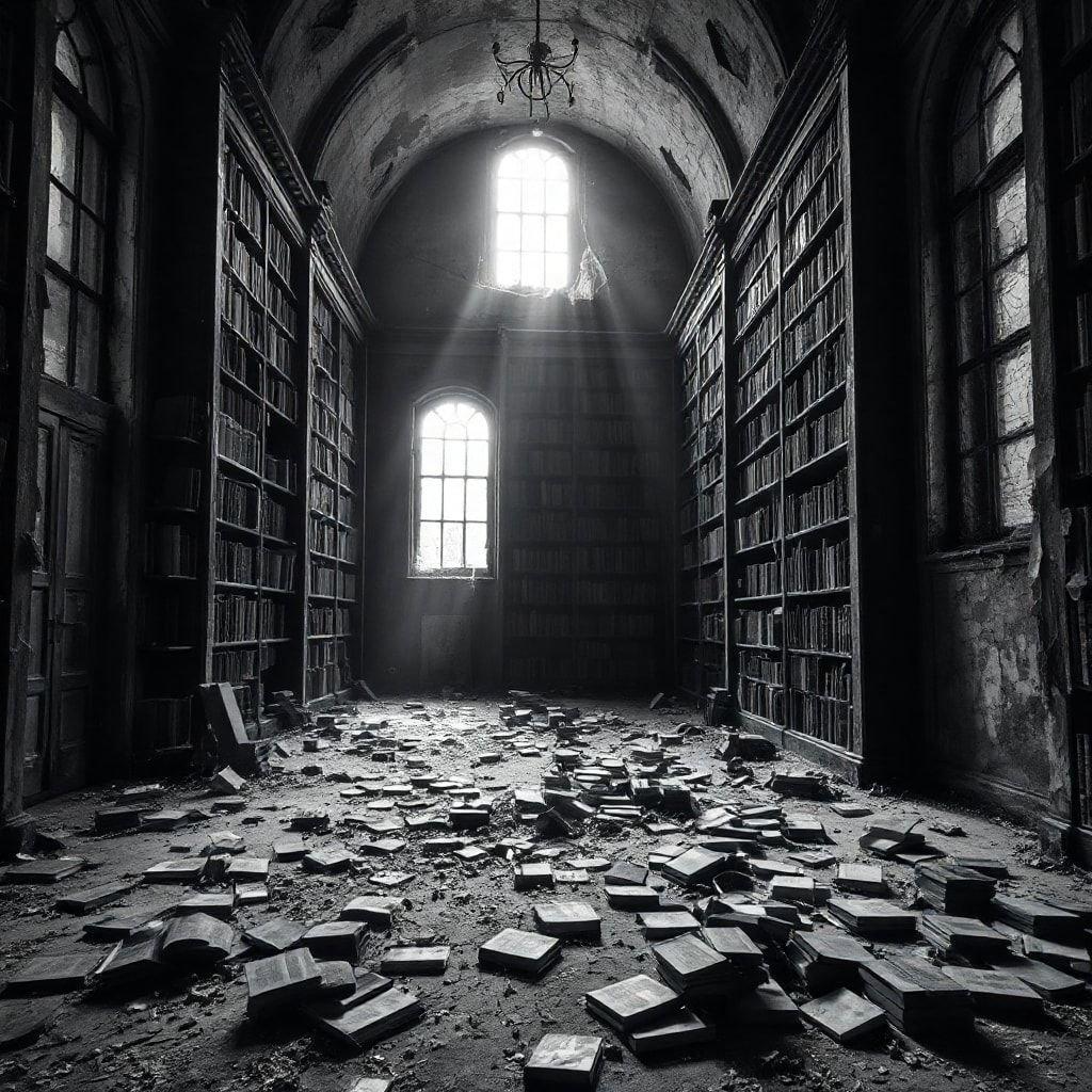 Step into a world of forgotten knowledge with this hauntingly beautiful wallpaper of an abandoned library. The dimly lit room, once filled with the musty scent of old books, now lies in disarray, with scattered pages and broken shelves a testament to the passage of time.