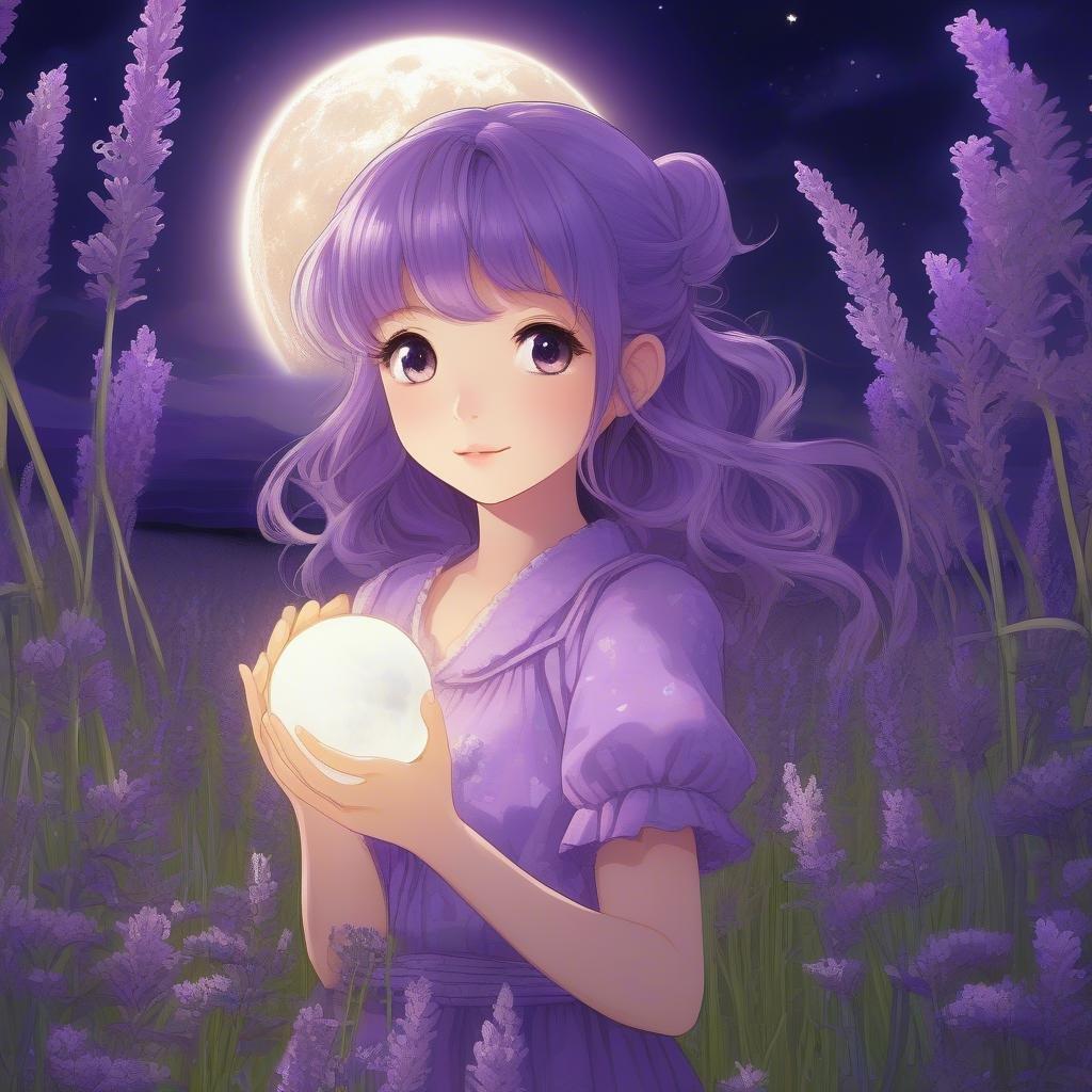 This captivating anime illustration features a young girl standing in a serene field of lavender, her face aglow with a soft light emanating from a glowing orb she holds in her right hand. The deep purple background is complemented by a crescent moon, creating a peaceful and surreal atmosphere.