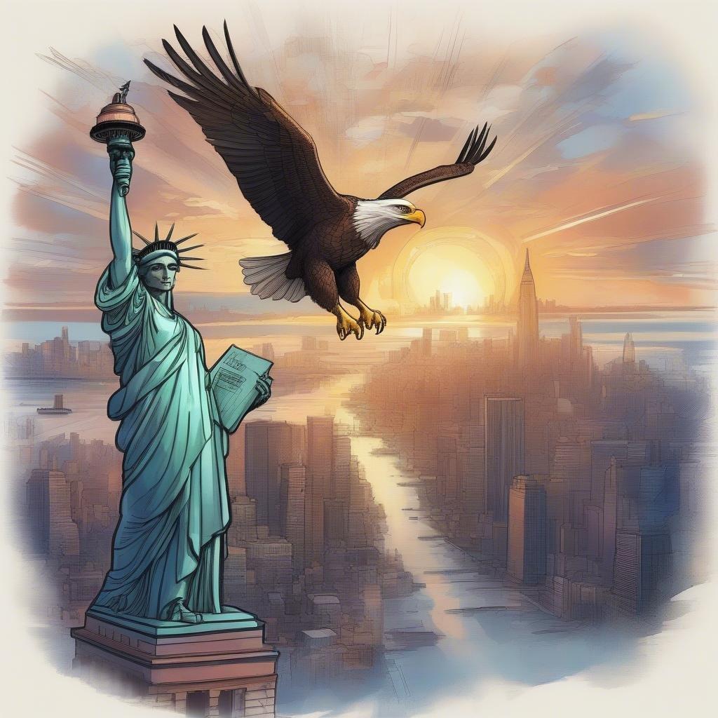 A majestic eagle soars across the skyline, embodying freedom and strength. This image captures the spirit of Independence Day.