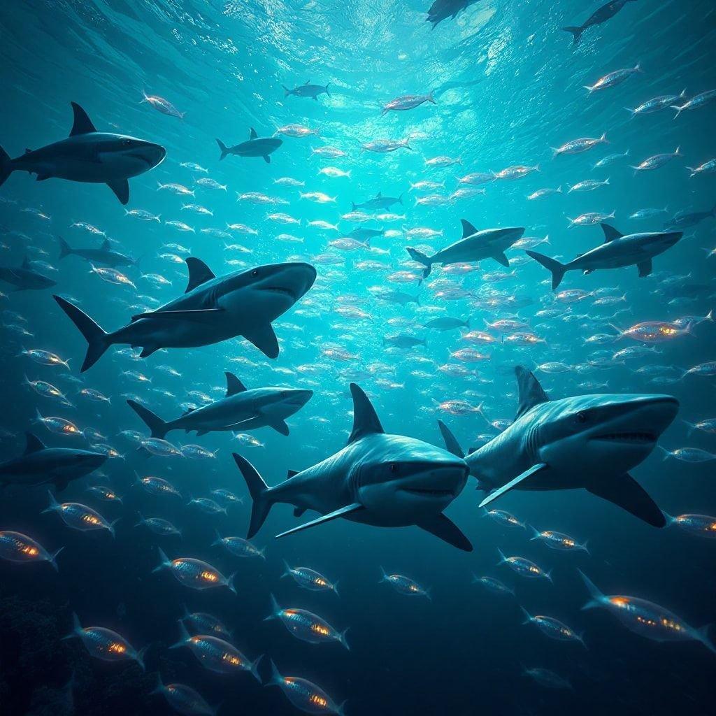 A dynamic scene from the ocean, showcasing a large group of sharks swimming in formation. A breathtaking underwater view.