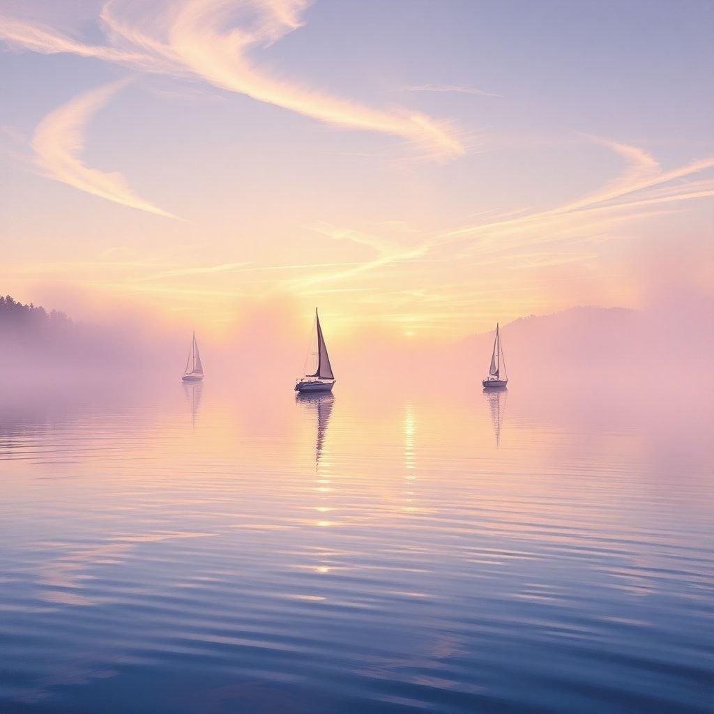 A serene harbor scene with sailboats floating on calm waters as the day gives way to night.