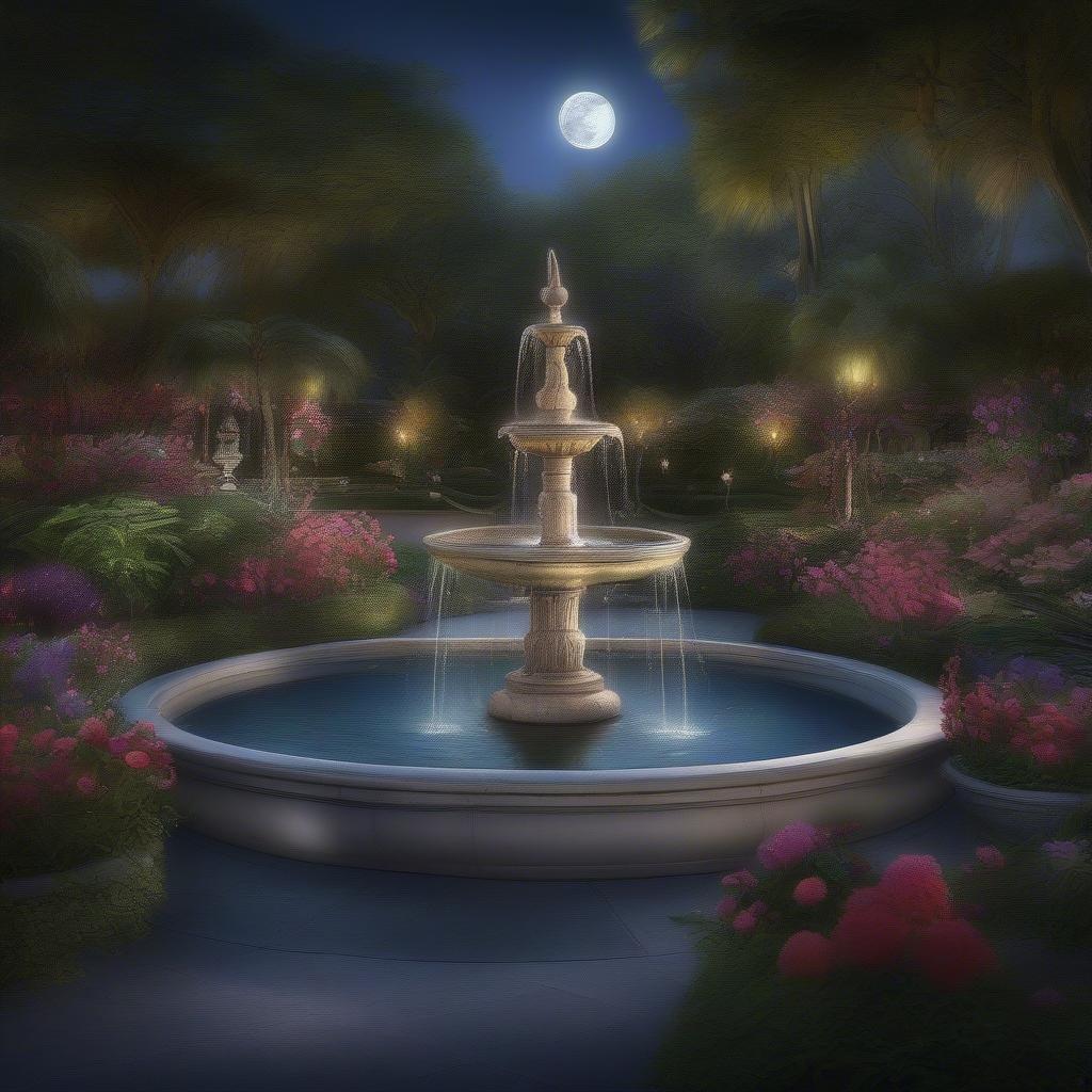 Enchanting evening setting with a serene fountain at its heart, bathed in soft moonlight. A classic example of luxurious and elegant garden design.