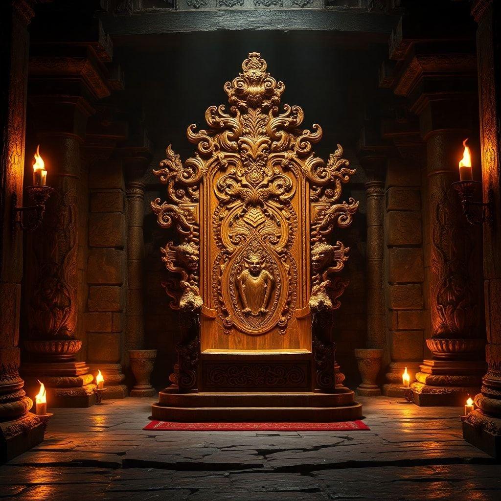 A majestic throne with intricate carvings, signifying power and luxury. Suitable for royalty or high-ranking characters in a fantasy setting.