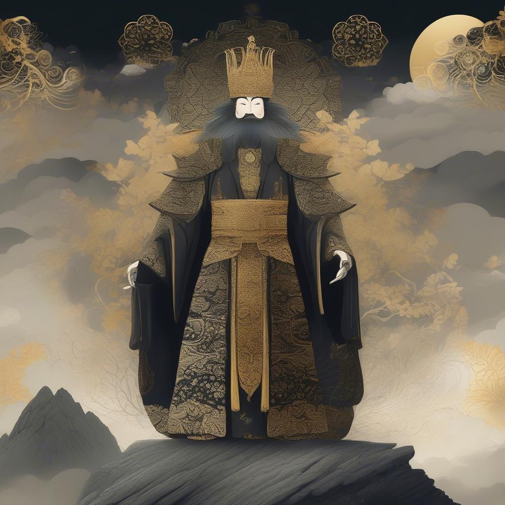 Immerse yourself in the mystical world of anime with this breathtaking wallpaper featuring a majestic tsukumogami ascending from a misty mountain range. The intricate patterns and crown of leaves on the figure's black and gold outfit add a touch of elegance to the scene, making it perfect for desktop and mobile use.