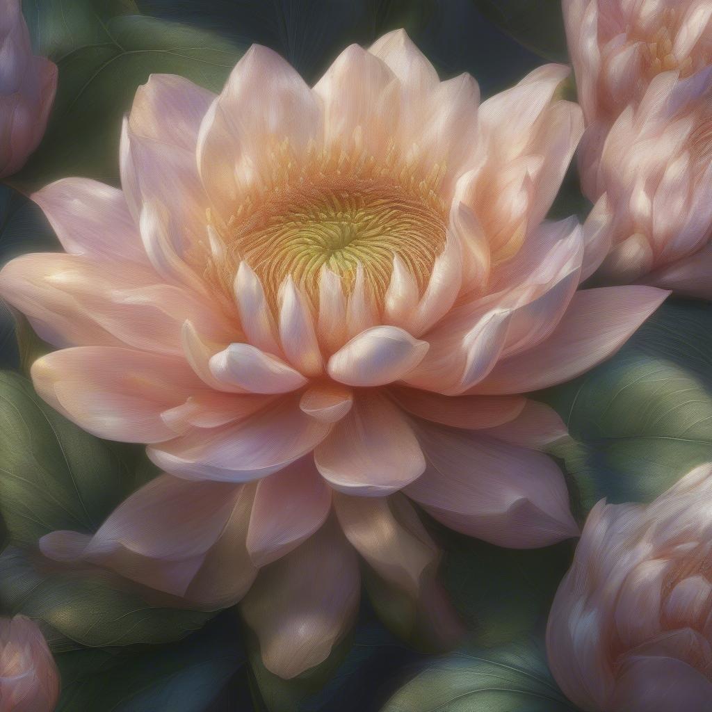 A delicate bouquet of lotus blossoms, their soft pink petals and radiant stamens glowing against a rich green backdrop. This digital art piece captures the essence of tranquility and the natural beauty of water lilies.