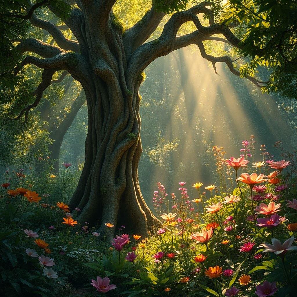 Step into a world of wonder with this captivating fantasy wallpaper, featuring a majestic tree and vibrant flowers.