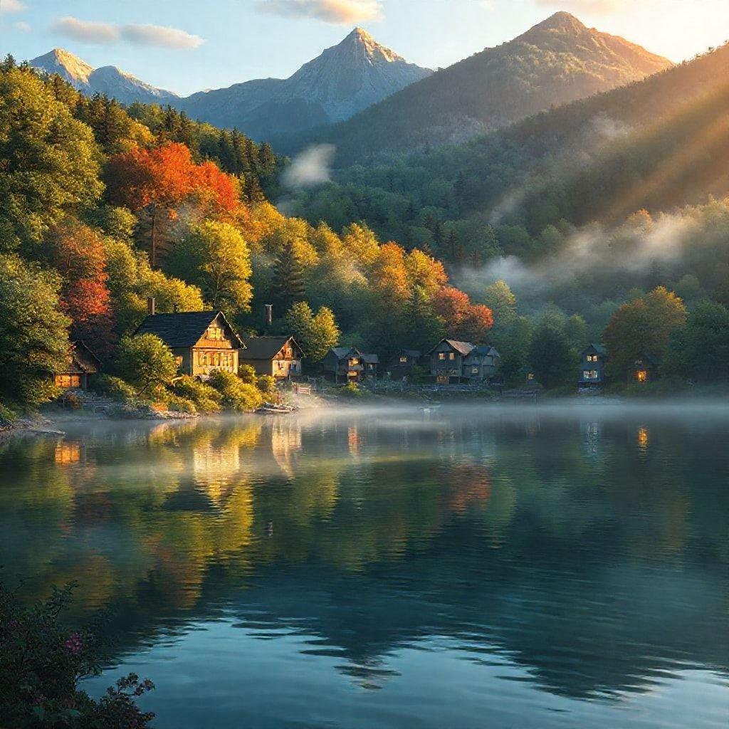 Discover the serene beauty of this picturesque village nestled in a valley by the lake. The quaint wooden houses, the tranquil water, and the majestic mountains in the backdrop create an idyllic scene for relaxation.