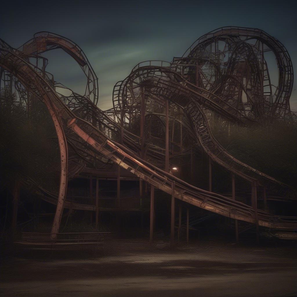 This captivating scene showcases the eerie beauty of an abandoned roller coaster. The twisted metal tracks, rusted to a faded orange-brown hue, stand stark against the deepening dusk sky. The surrounding trees add a touch of nature's resilience, growing through the graffiti and the disuse. It's a hauntingly beautiful reminder of the passage of time.