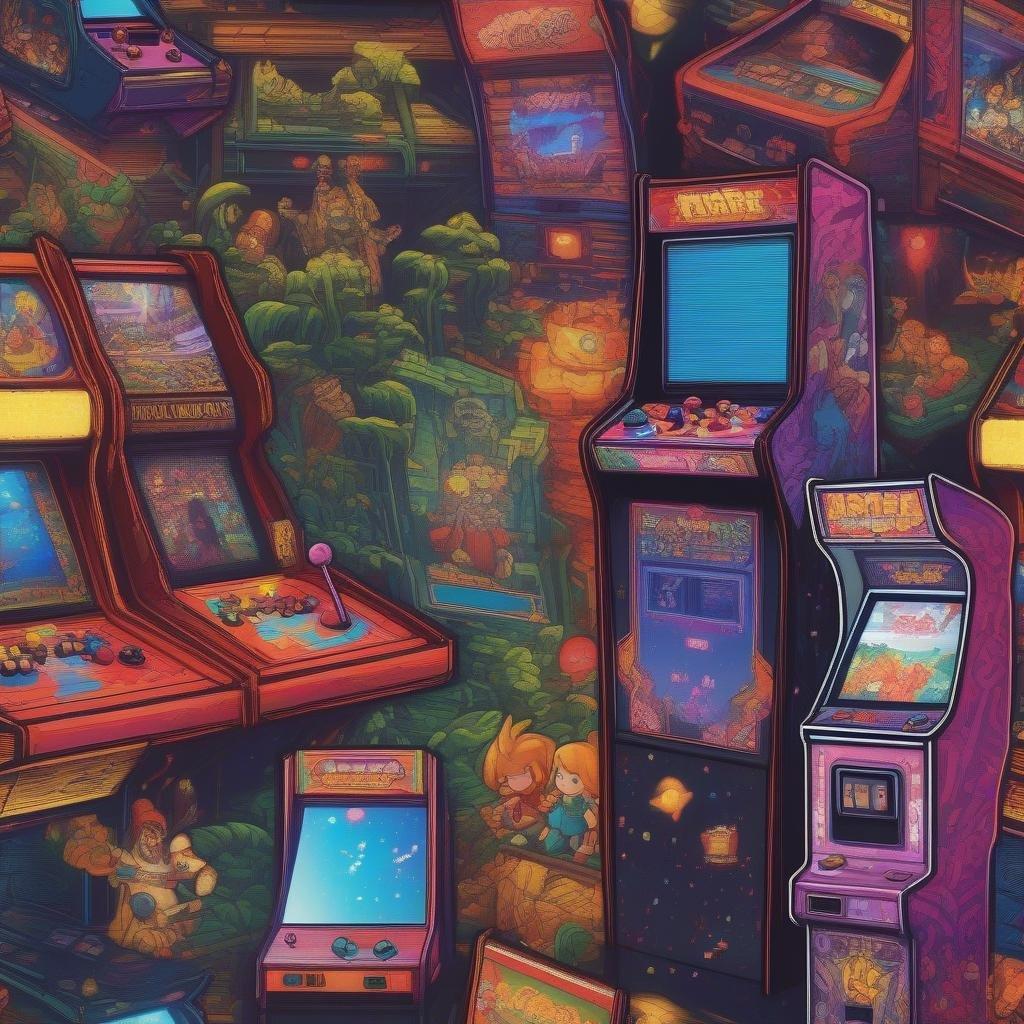 A vibrant, nostalgic scene from the golden age of arcade gaming. A cornucopia of classic games and characters fill the background, with a rainbow over the top adding to the retro charm.