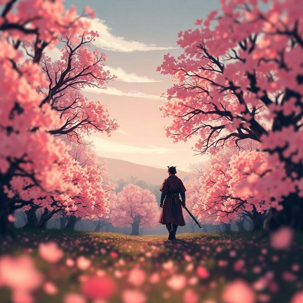 Entra in un mondo di tranquillità con questo straordinario sfondo in stile anime. Un samurai cammina attraverso un bosco di ciliegi, il suo vibrante pelo rosa e arancione che contrasta con lo sfondo scuro. La scena pacifica cattura un momento di serenità, con un primo piano sfocato e un cielo sereno, creando un'atmosfera simile a quella di un anime.