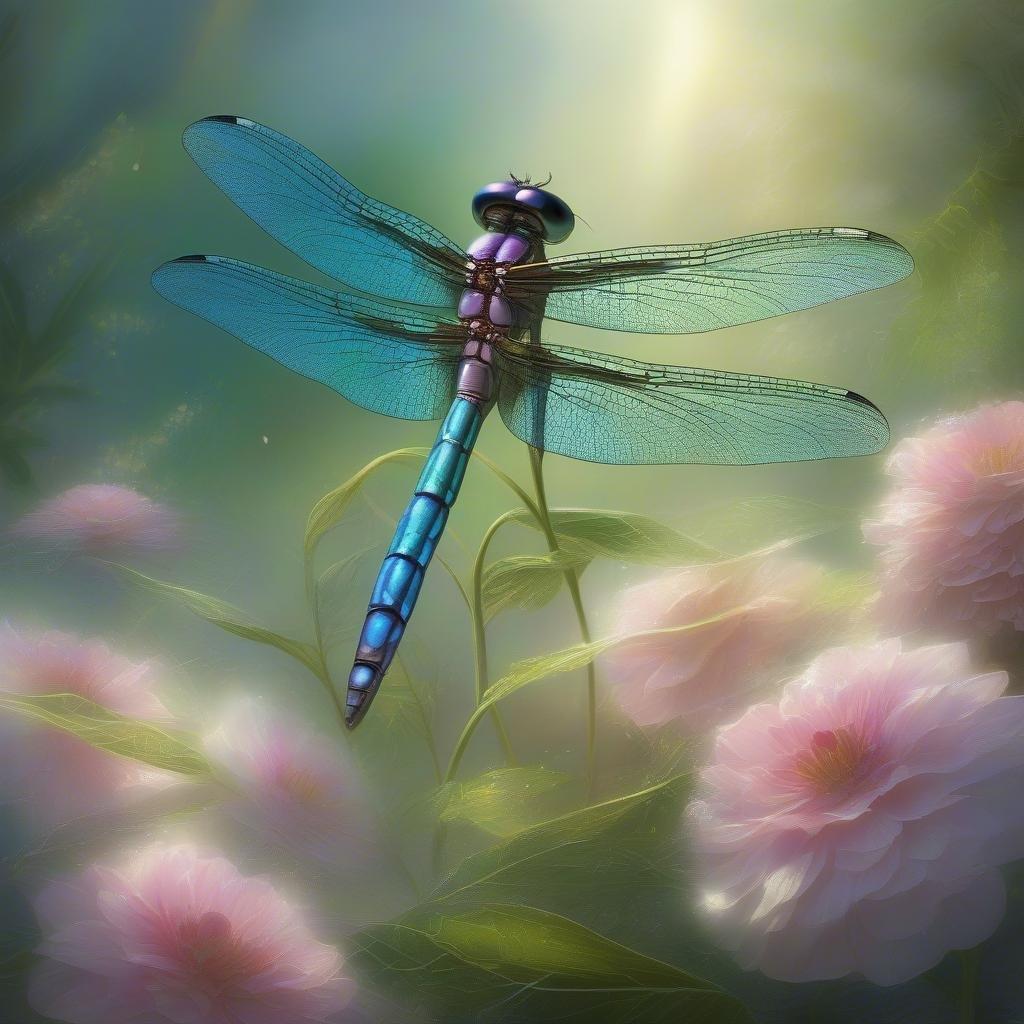 Gaze into the eyes of this dragonfly, a fantastical creature from another realm, as it soars above a bed of vibrant flowers.