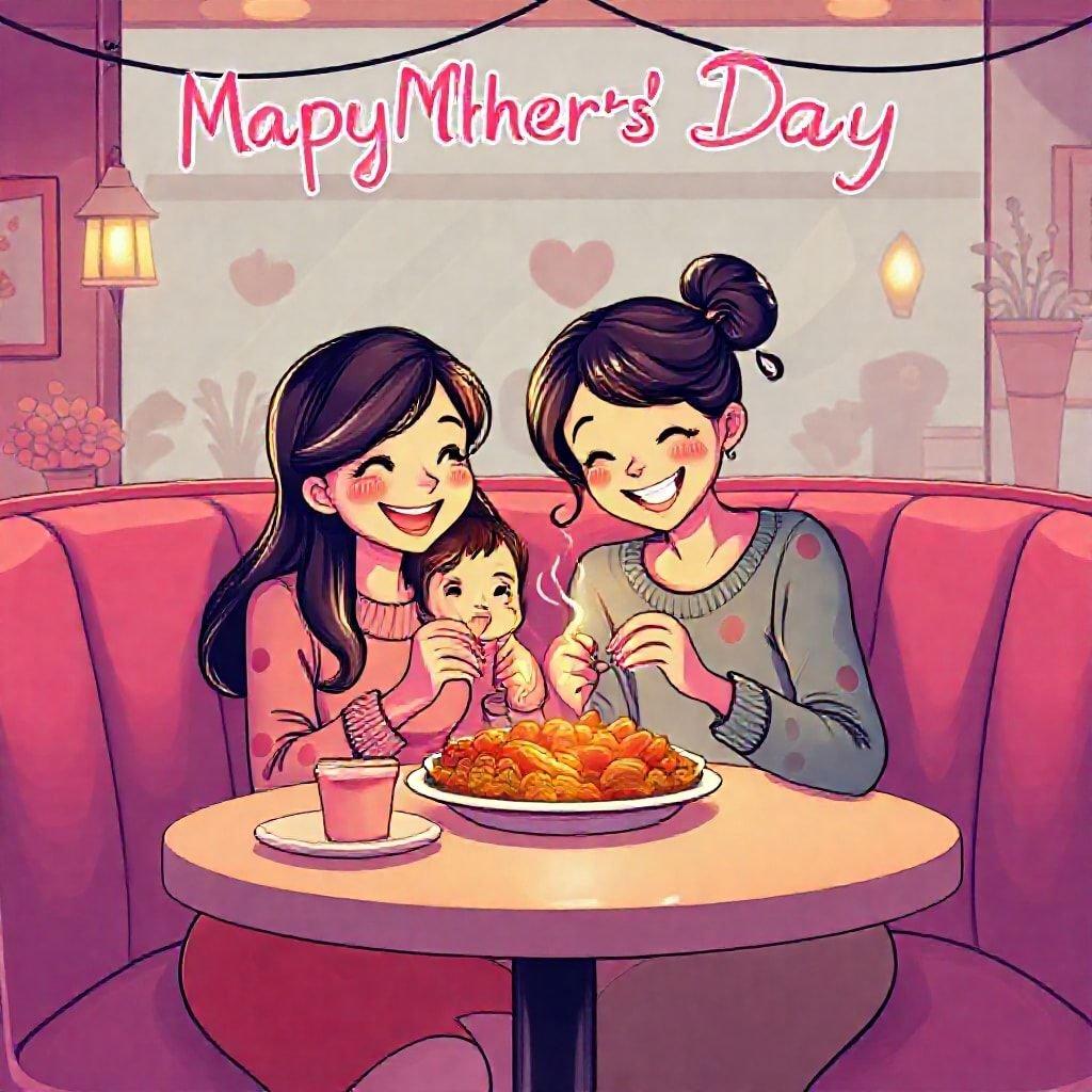 A heartwarming illustration depicting two women, one child and a plate of food, celebrating Mother's Day. The scene captures the joyful tradition of sharing a meal on this special day.