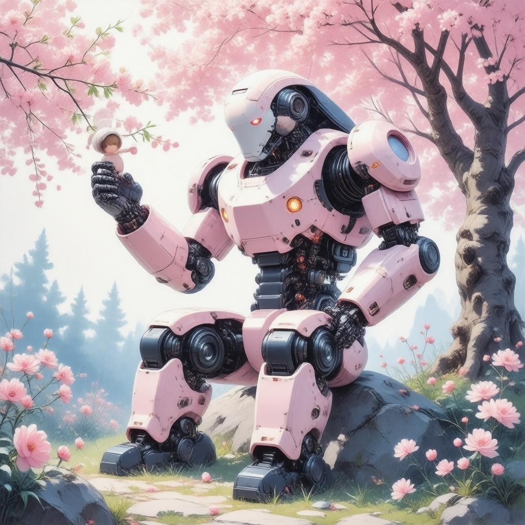 A stunning anime illustration of a gentle giant robot surrounded by blooming cherry blossoms, creating a serene and peaceful atmosphere.