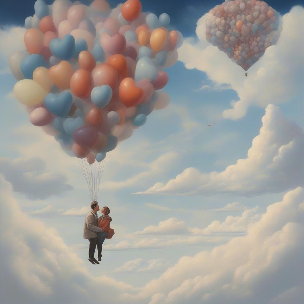 Floating on a cloud, this image captures the romantic spirit of Valentine's Day with a couple embracing amidst a sky filled with colorful balloons.