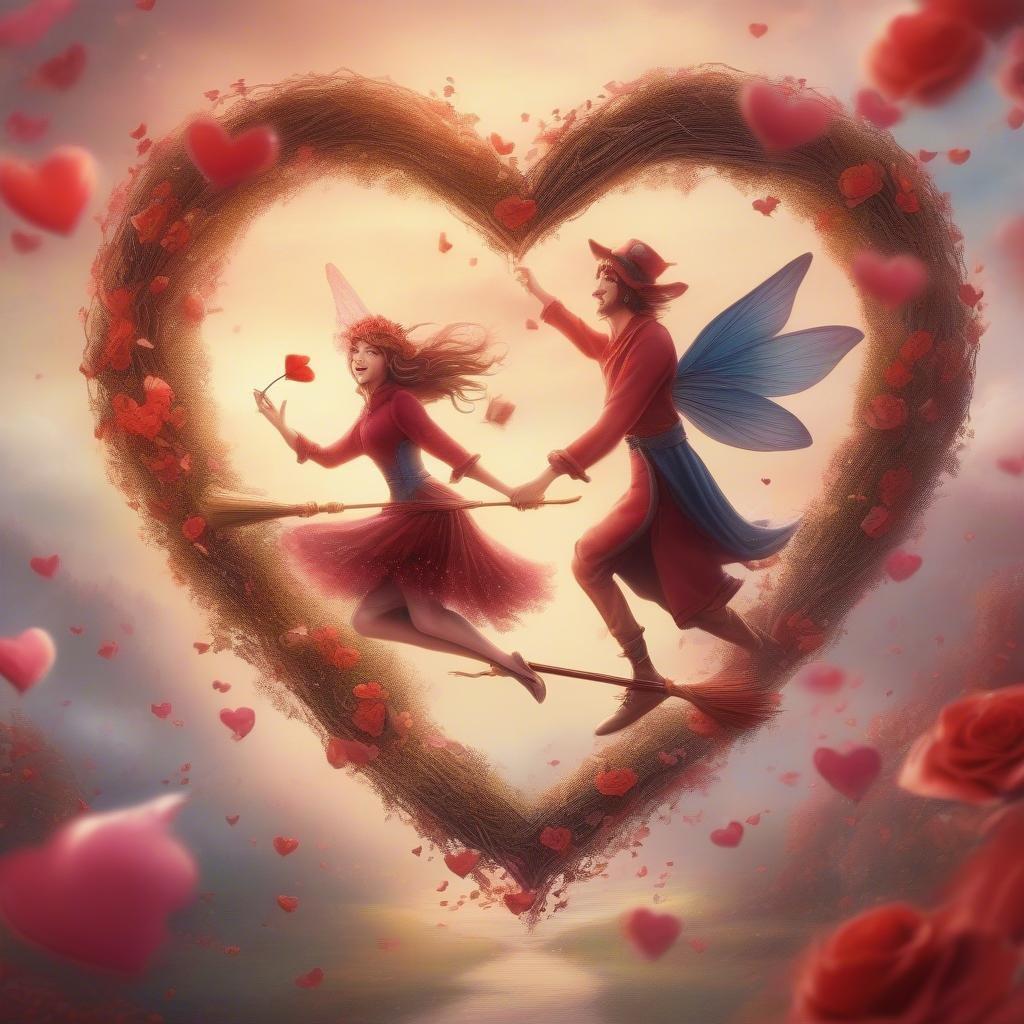 In this enchanting illustration, a fairy prince and princess celebrate the magic of love against a backdrop of Valentine's Day. They soar on their broomsticks with a grand heart-shaped balloon that encapsulates their romantic adventure.