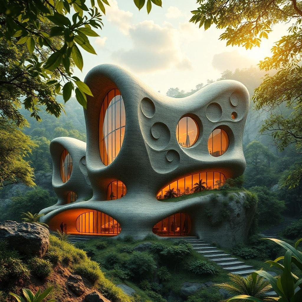 This image showcases a unique, organic architecture building that seamlessly blends with its natural surroundings. The building's design is inspired by the shapes and forms found in nature, creating a harmonious relationship between the structure and the environment.