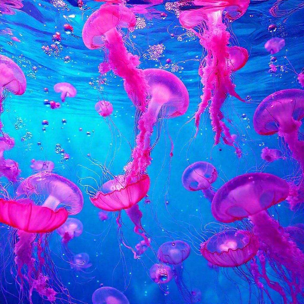 Explore the vibrant life beneath the waves with this stunning underwater scene, featuring a multitude of pink jellyfish gracefully floating against the deep blue backdrop.