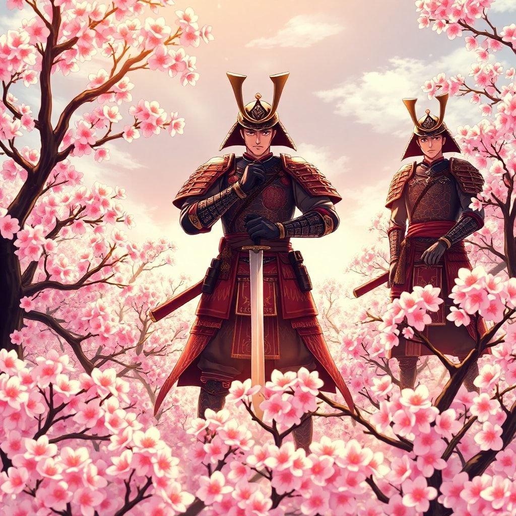 Questa immagine presenta un gruppo di guerrieri samurai in piedi con orgoglio sui ciliegi in fiore, con una figura centrale che tiene una spada. La scena è ambientata contro uno sfondo di ciliegi in fiore, creando un'atmosfera in stile anime. La luce calda e i dettagli elaborati dell'abbigliamento dei samurai aggiungono un tocco fantasioso alla scena.