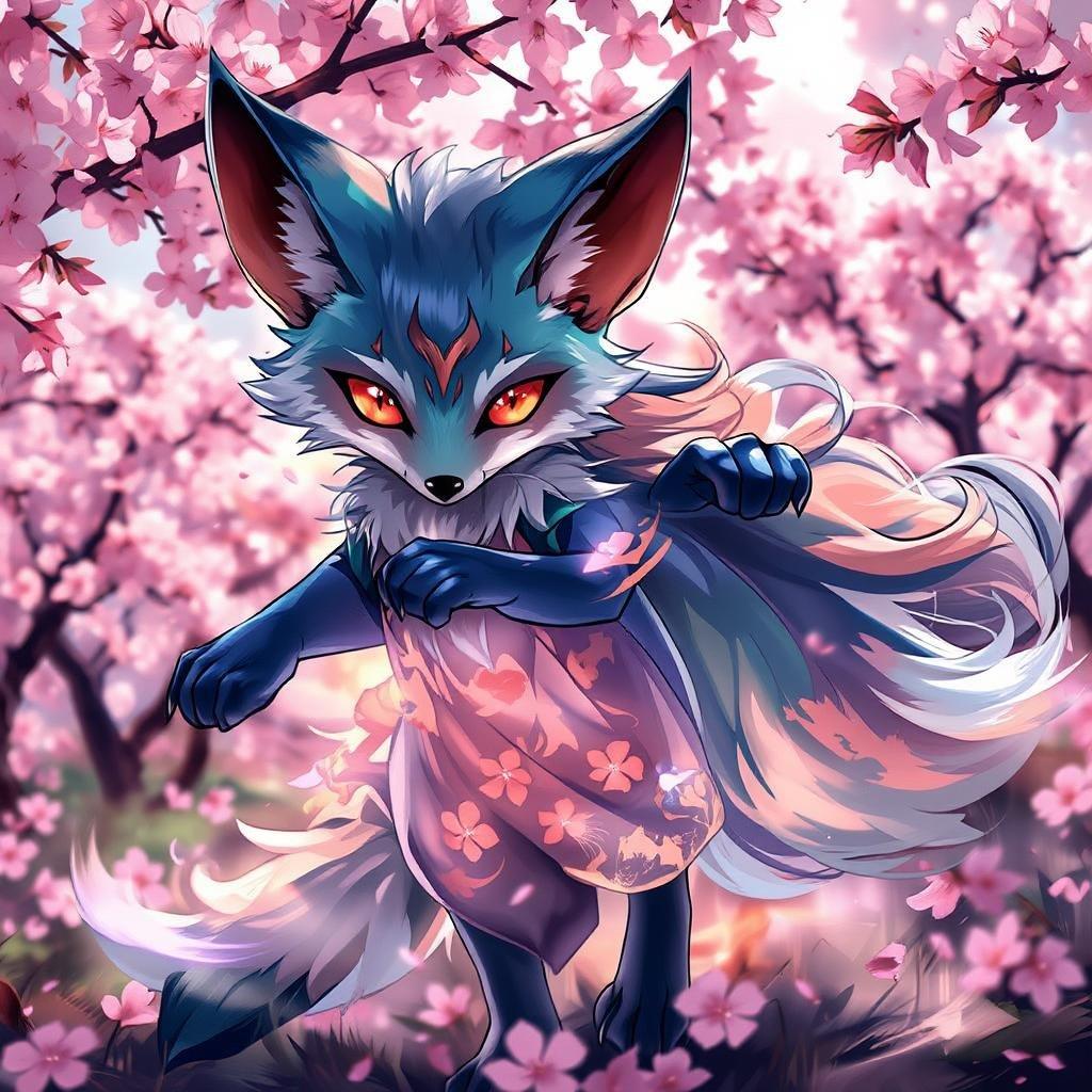 This wallpaper features a stunning anime illustration of a fox spirit, its fur a mesmerizing blend of blue and green, as it dances gracefully in a field of blooming sakura trees. The fox's vibrant orange eyes seem to sparkle with magic, drawing the viewer in. The enchanting atmosphere is further enhanced by the lush greenery and delicate pink sakura petals, creating a captivating scene that will transport you to a world of wonder and fantasy.