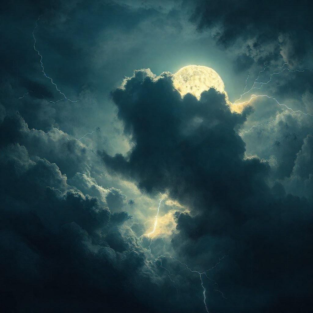 A breathtaking view of a full moon peeking through the clouds, accompanied by lightning that adds to the dramatic effect.