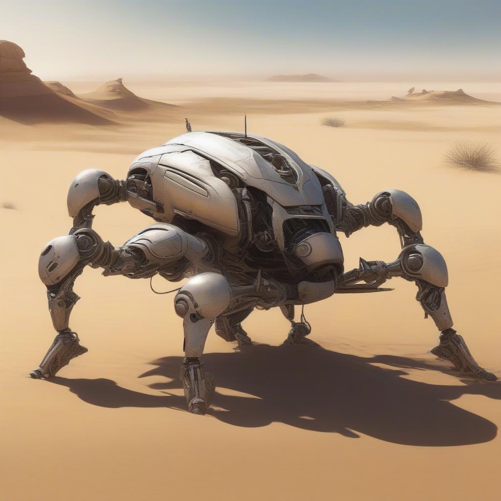 Check out this stunning wallpaper featuring a futuristic robot in the desert. The robot's sleek design and the vast, sandy landscape create a striking contrast that's perfect for your desktop or mobile device. Whether you're a fan of sci-fi or just love unique wallpapers, this image is sure to impress.