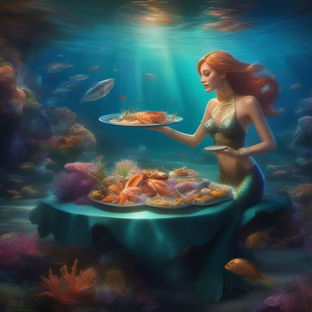 A mermaid seated at an underwater dining table, holding a plate with seafood, in a vibrant and colorful ocean scene.