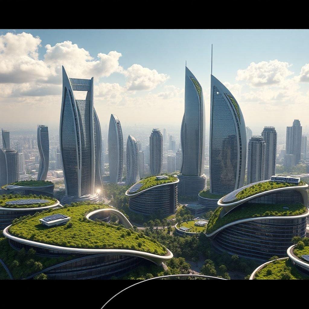 A city that merges architecture with nature in a symbiotic urban landscape, where modern high-rise buildings are designed to incorporate greenery and sustainable practices. A vision of what cities might look like when urban planning and ecological preservation coexist harmoniously.