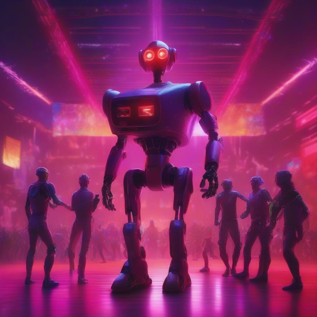 A group of people gather around a large robot, marveling at its presence and technology.