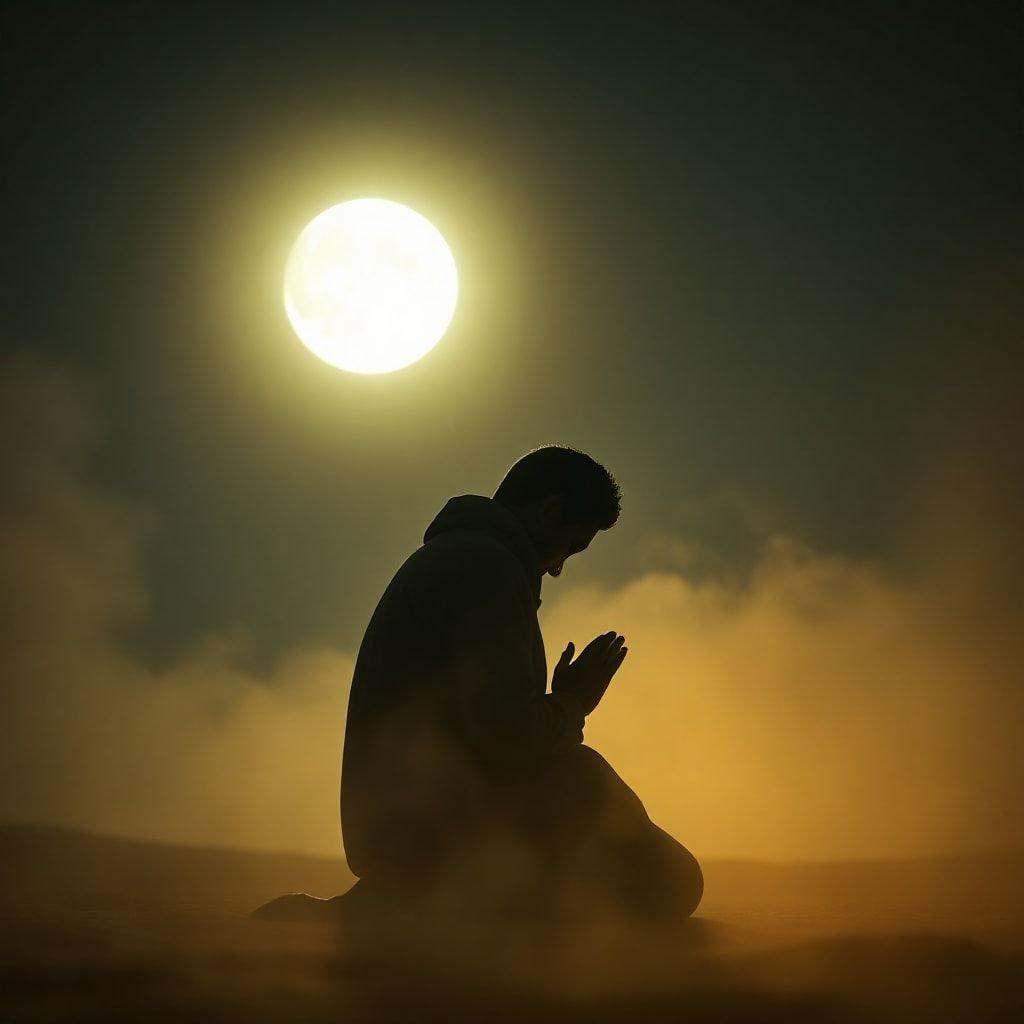 A serene and peaceful image of a man praying in the desert during the holy month of Ramadan, with the sun setting in the background, creating a sense of calm and tranquility.