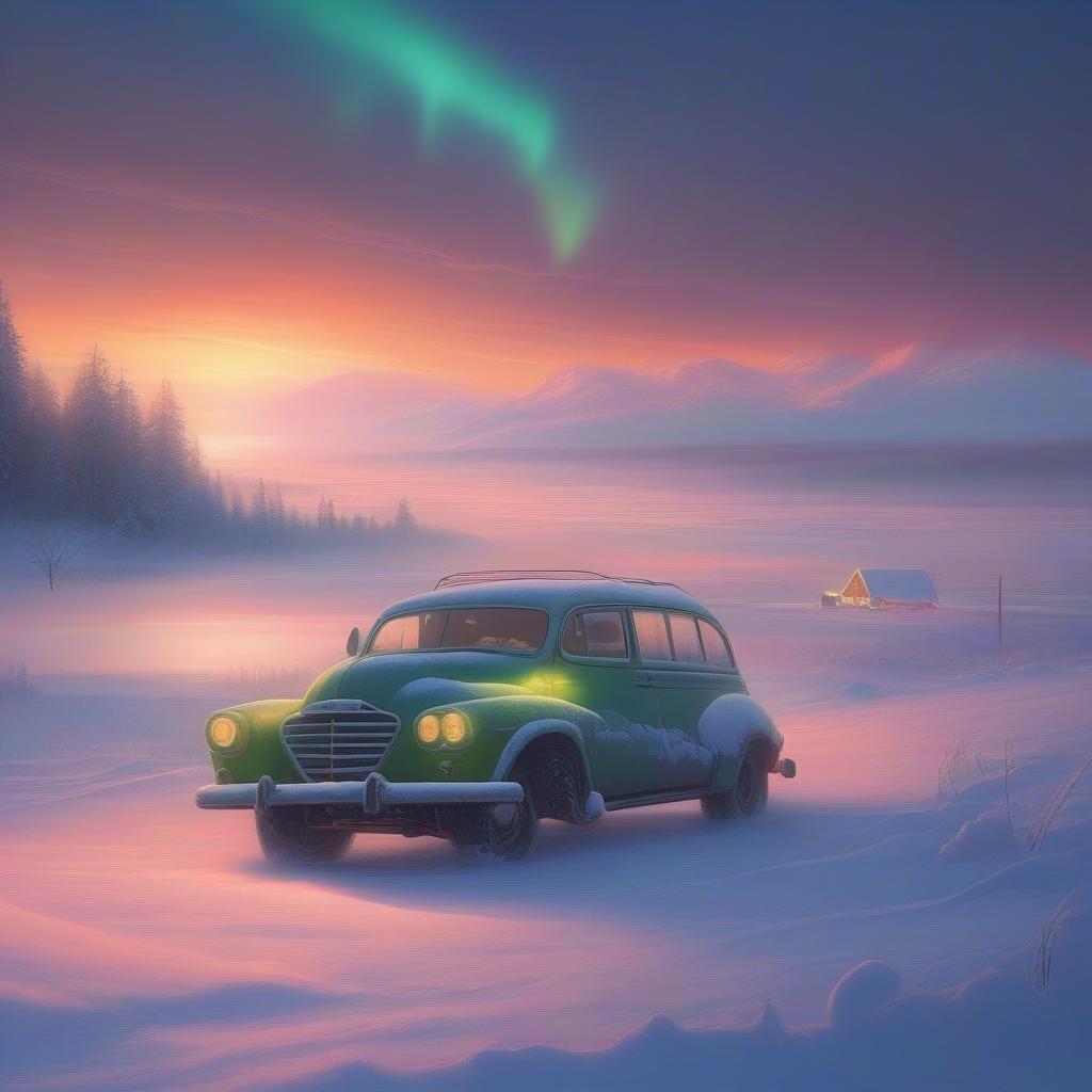 This image captures the tranquility of a winter night, with a vintage car parked by a picturesque cabin amidst the snowy landscape under the mesmerizing glow of the northern lights. The scene exudes warmth and charm, perfect for a cozy screen wallpaper.