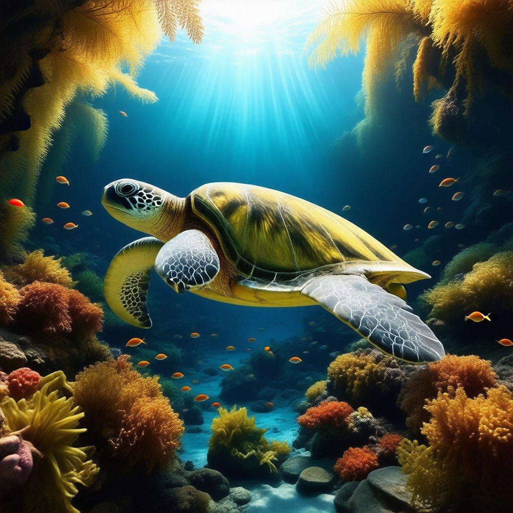 Explore the vibrant ocean life in a stunning coral reef. Dive with a sea turtle swimming past an array of tropical fish.