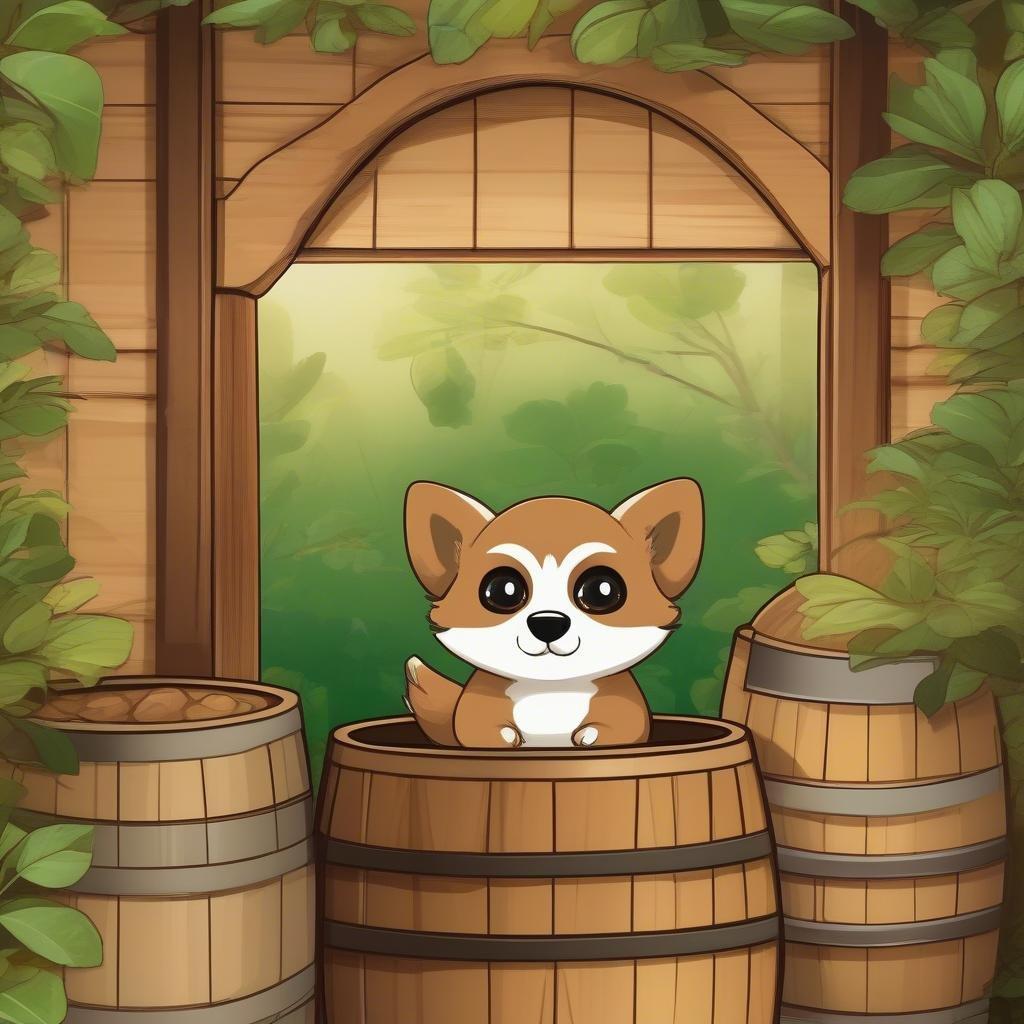 In questa adorabile illustrazione anime, un cane tanuki si è sistemato comodamente in un barile di sake. Il cane è antropomorfo, con grandi occhi espressivi e un comportamento amichevole. È appollaiato su tre barili di legno, sbirciando da dietro di essi. Circondato dall'atmosfera di un izakaya, lo sfondo accogliente stabilisce un tono caldo per questa scena affascinante.