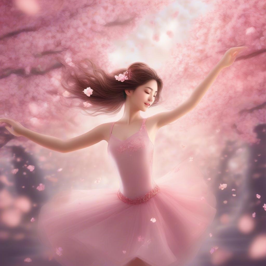 An animated ballerina gracefully dances among a swirling vortex of blooming pink cherry blossoms, her hair flowing like a river behind her, set against the backdrop of a blurred blizzard of more cherry blossoms and white flowers. The image evokes an ethereal and dreamlike quality, capturing the beauty of nature in an anime-inspired style.